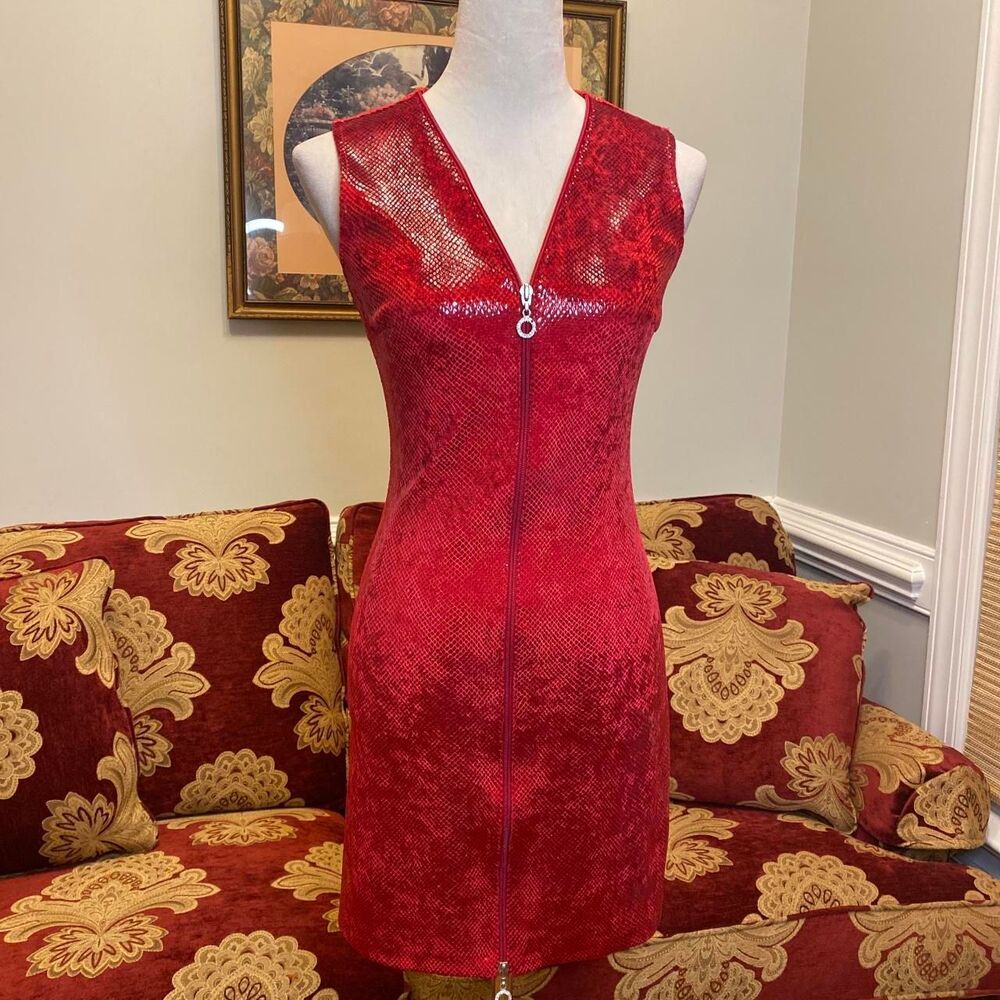 y2k cache red fake snake skin bodycon mini dress with zipper down the middle